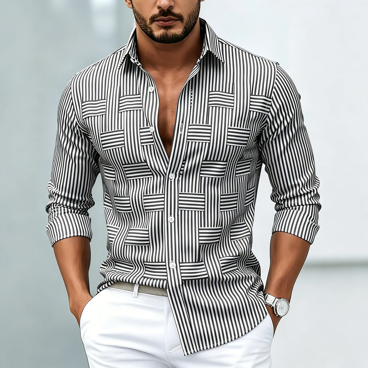 Chemise homme rayée à motifs géométriques – CLEVI Paris