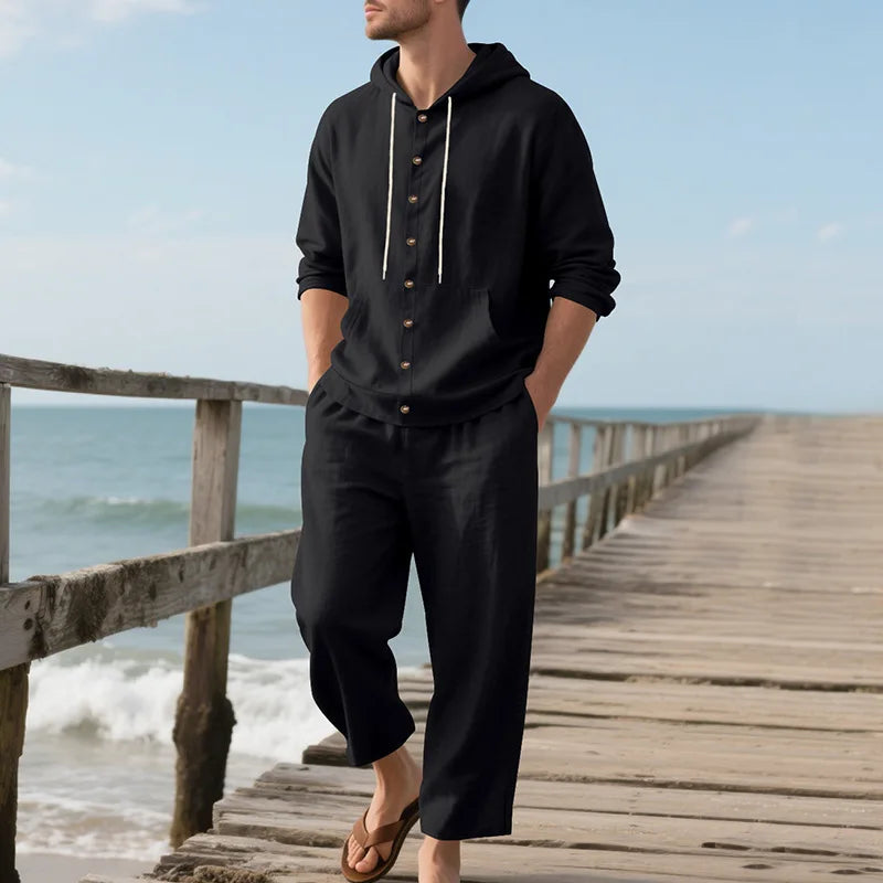 Ensemble Homme Chemise Lin Col V Manches 3/4 + Pantalon Cordon Casual Plage Été 8 Coloris – CLEVI Paris