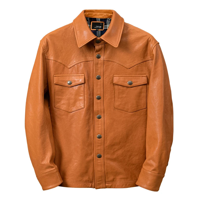Veste homme orange en cuir de mouton – CLEVI Paris