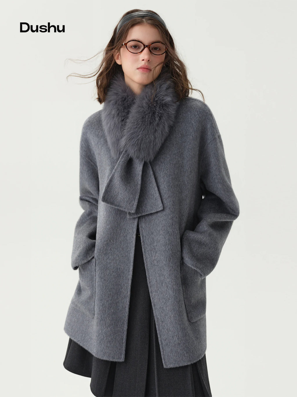 Manteau DUSHU laine et col renard – CLEVI Paris