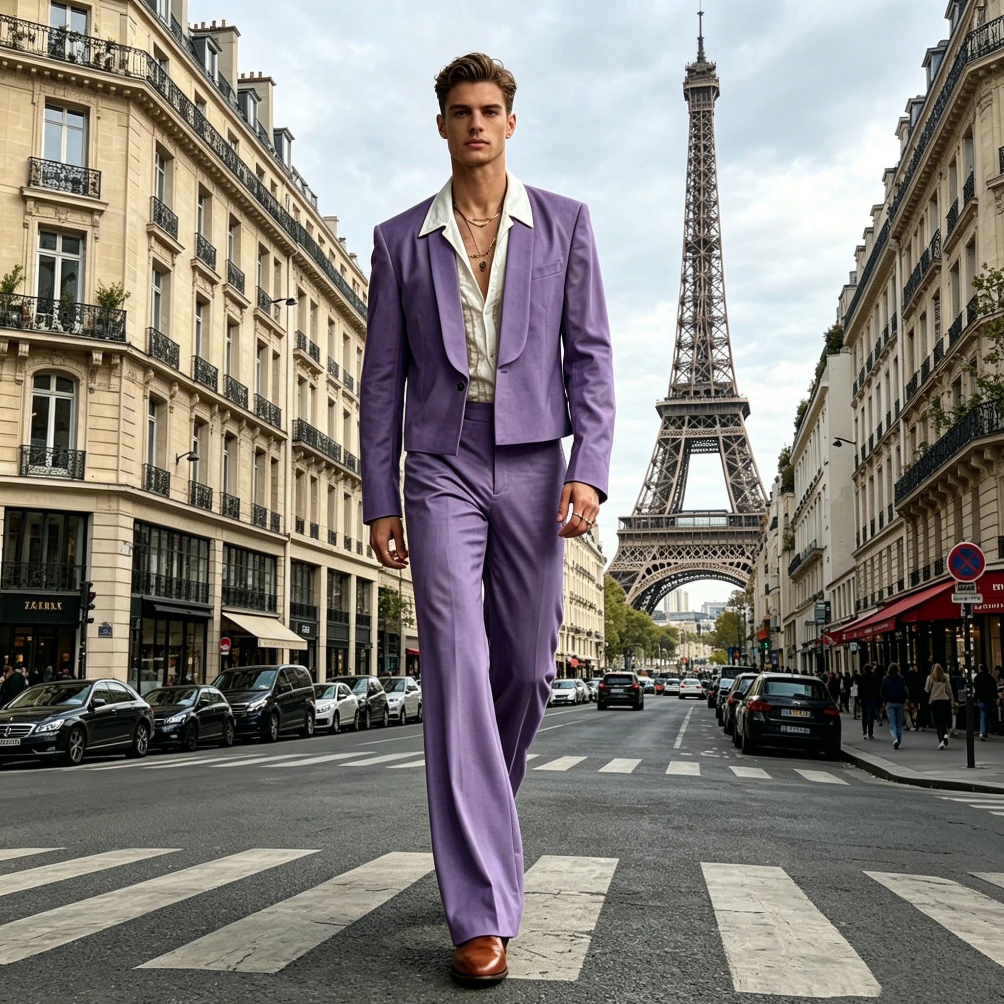 Costume 2 Pièces Homme Blazer Court Col Châle + Pantalon Évasé Taille Haute Style Vintage Slim Fit – CLEVI Paris