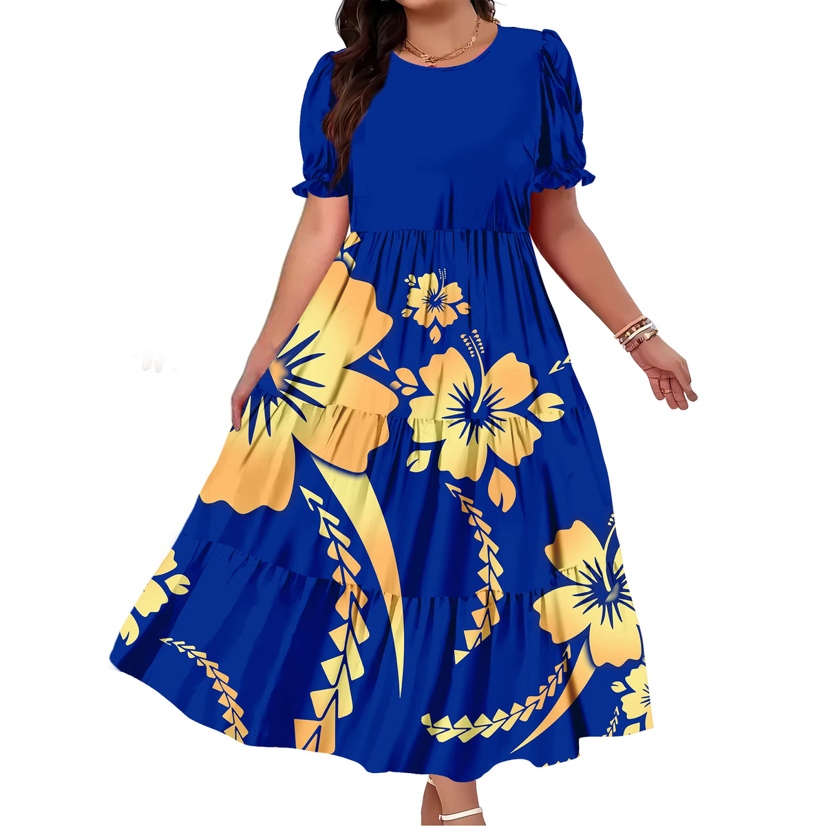 Robe Femme Longue Imprimé Polynésien Manches Bouffantes Ample Élégante – CLEVI Paris