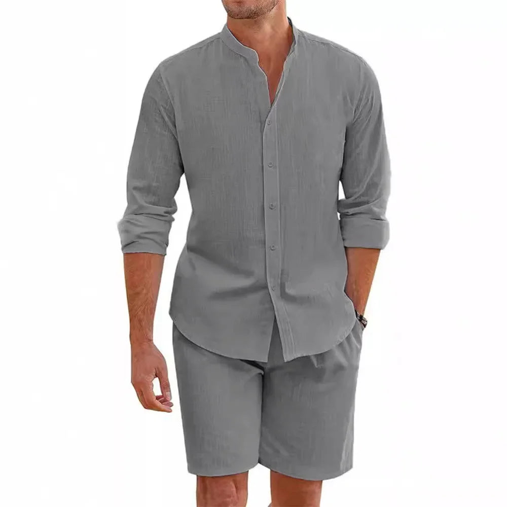 Ensemble 2 Pièces Homme Coton Lin Chemise Col Mao + Short Élastique Style Plage Casual – CLEVI Paris