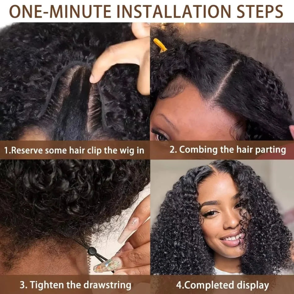Perruque V-Part Burmese Curly Wet & Wavy Cheveux Humains Brésiliens Glueless 190% 210% 18-38 Pouces – CLEVI Paris