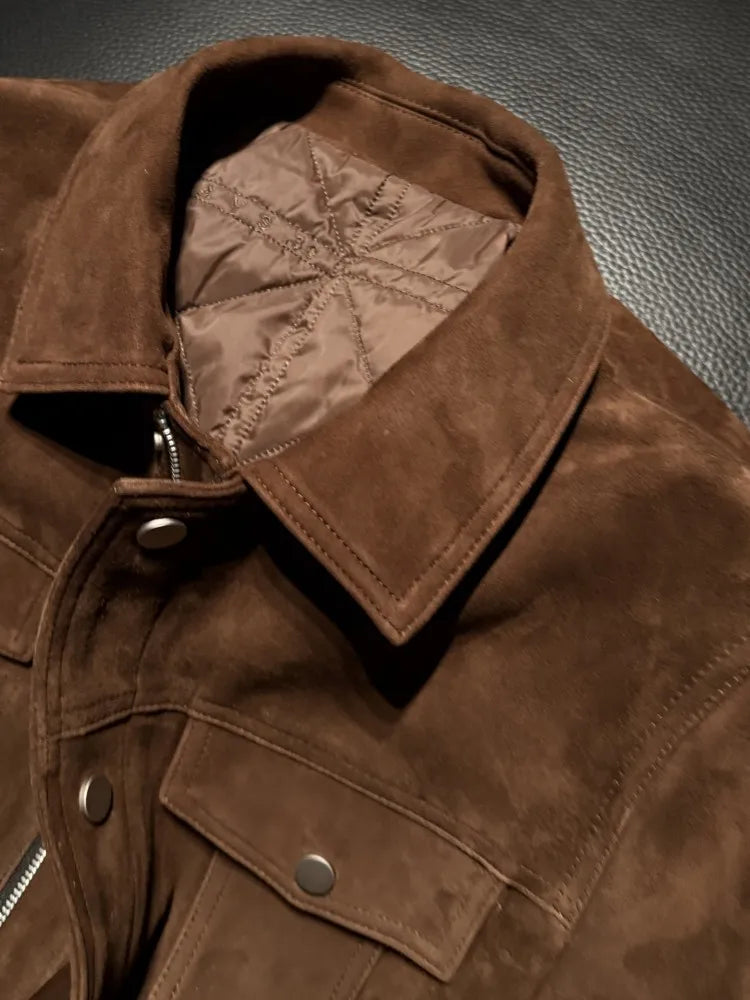 Veste homme marron aspect daim à col rabattu – CLEVI Paris