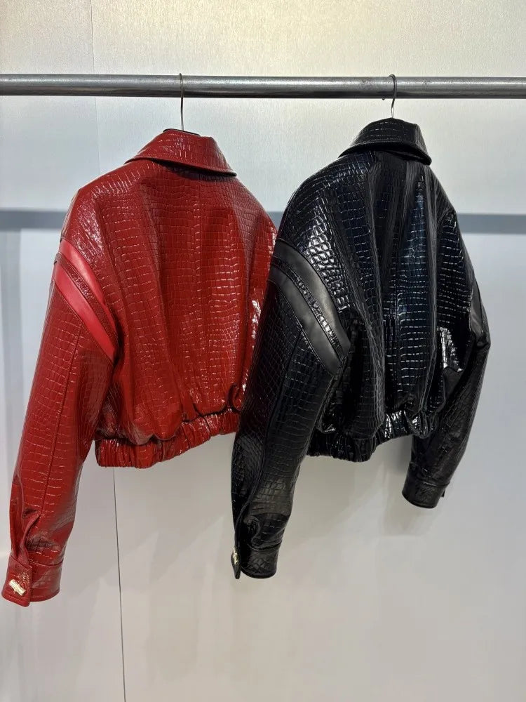 Veste courte femme en cuir effet crocodile – CLEVI Paris