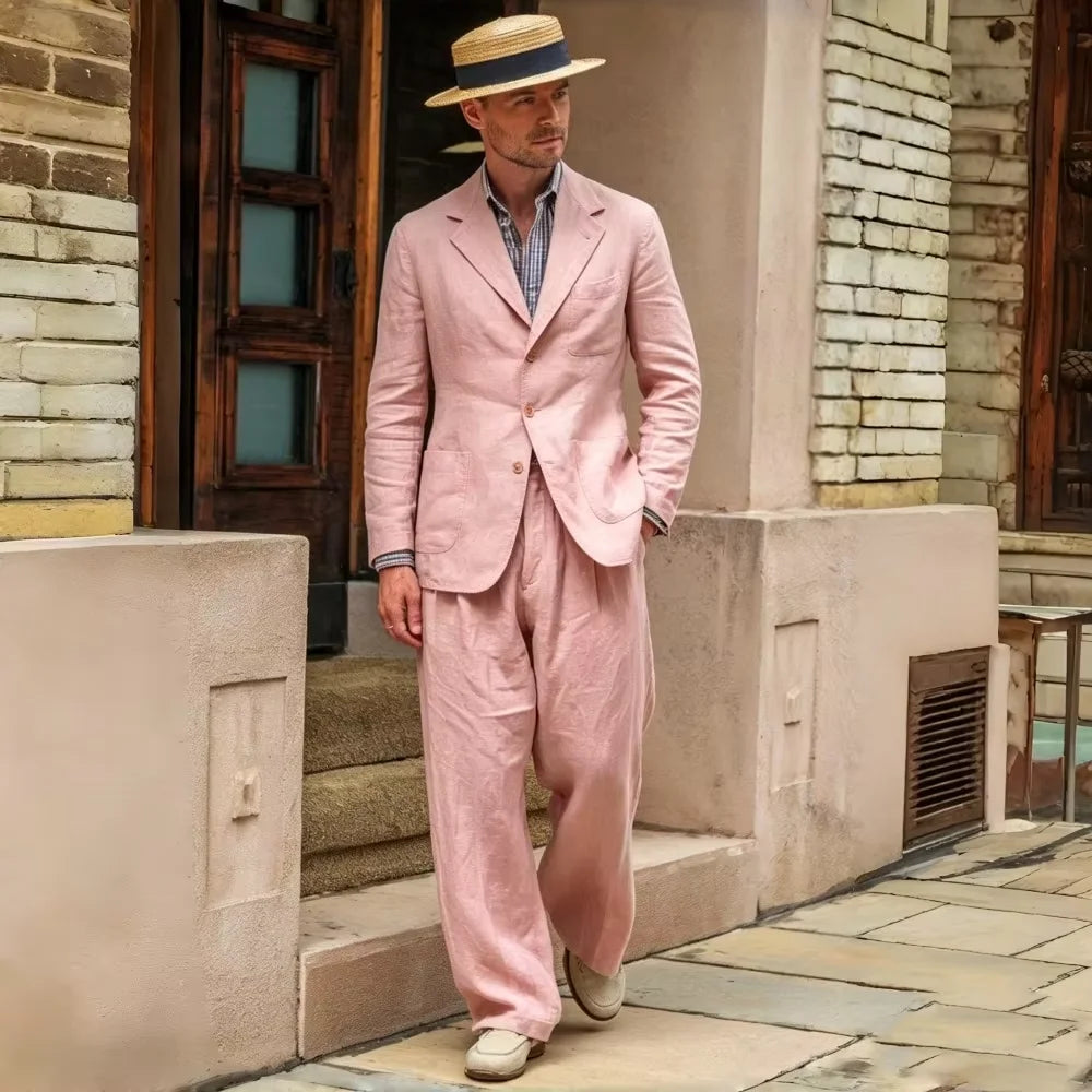 Costume Homme 2 Pièces Lin Coton Blazer Col Cranté + Pantalon Jambe Droite Smart Casual Mariage Été 7 Coloris – CLEVI Paris