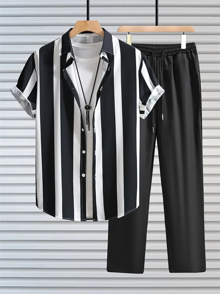 Ensemble 2 Pièces Homme Chemise + Pantalon Imprimé 3D Rayures Streetwear S-2XL – CLEVI Paris