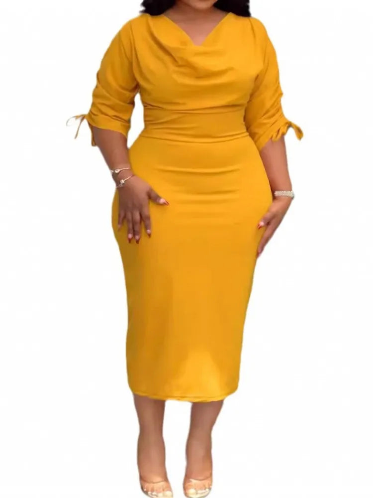 Robe Femme Grande Taille Col V Manches 3/4 Crayon Mi-Mollet Lacets Bureau Casual – CLEVI Paris