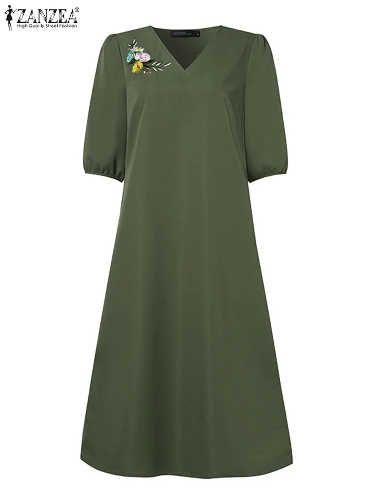Robe Femme Col V Broderie Florale Manches Mi-Longues Mi-Mollet Bohème – CLEVI Paris