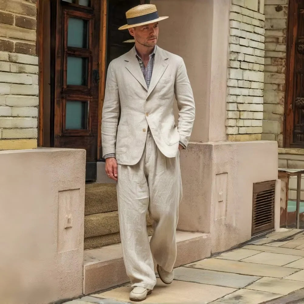 Costume Homme 2 Pièces Lin Coton Blazer Col Cranté + Pantalon Jambe Droite Smart Casual Mariage Été 7 Coloris – CLEVI Paris
