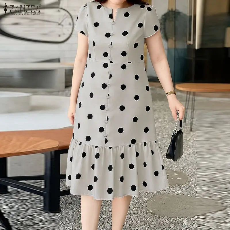 Robe Femme Col V Imprimé Pois Manches Courtes Mi-Mollet Élégante – CLEVI Paris