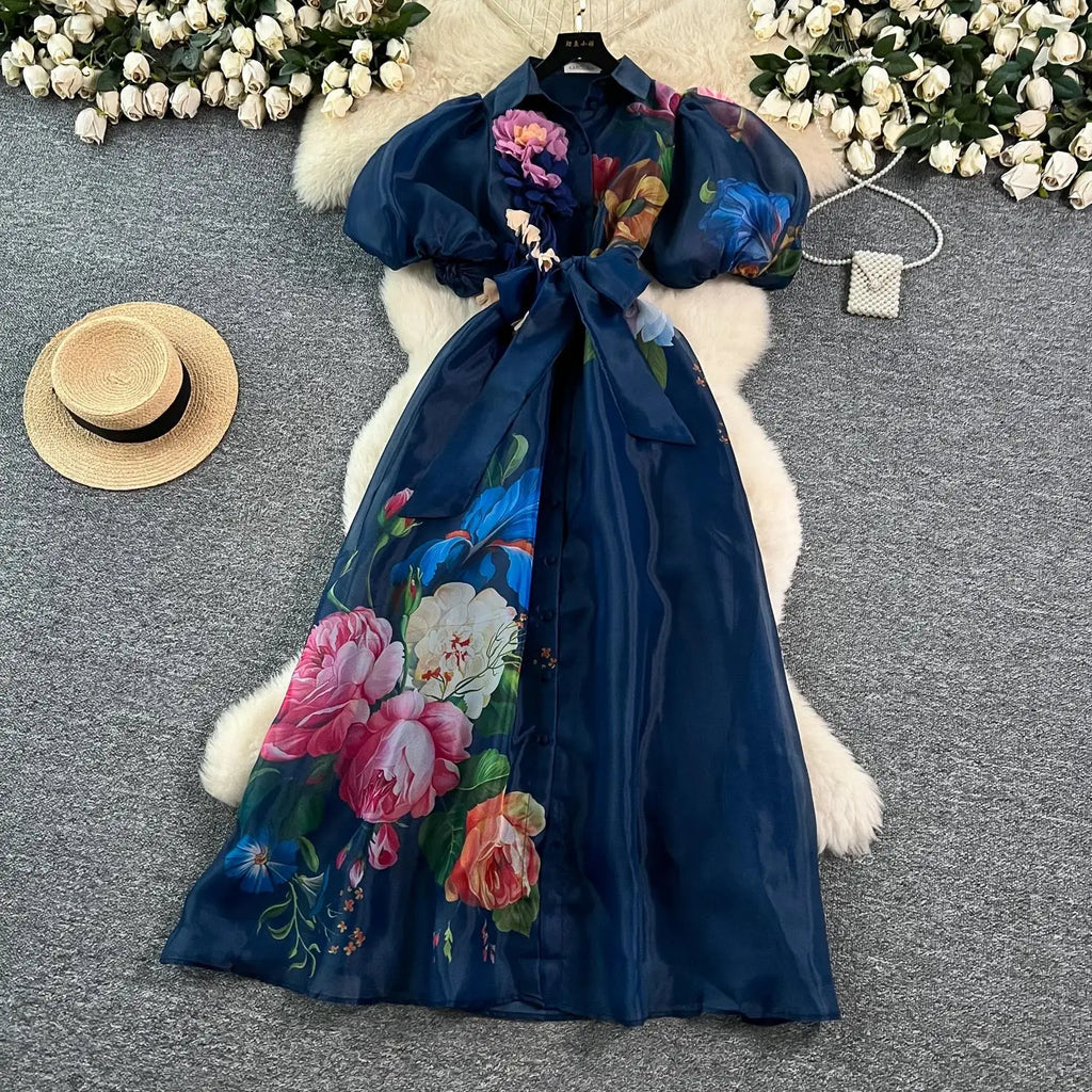 Robe Femme Longue Fleurs 3D Manches Bouffantes Dentelle Style Palace Élégante – CLEVI Paris