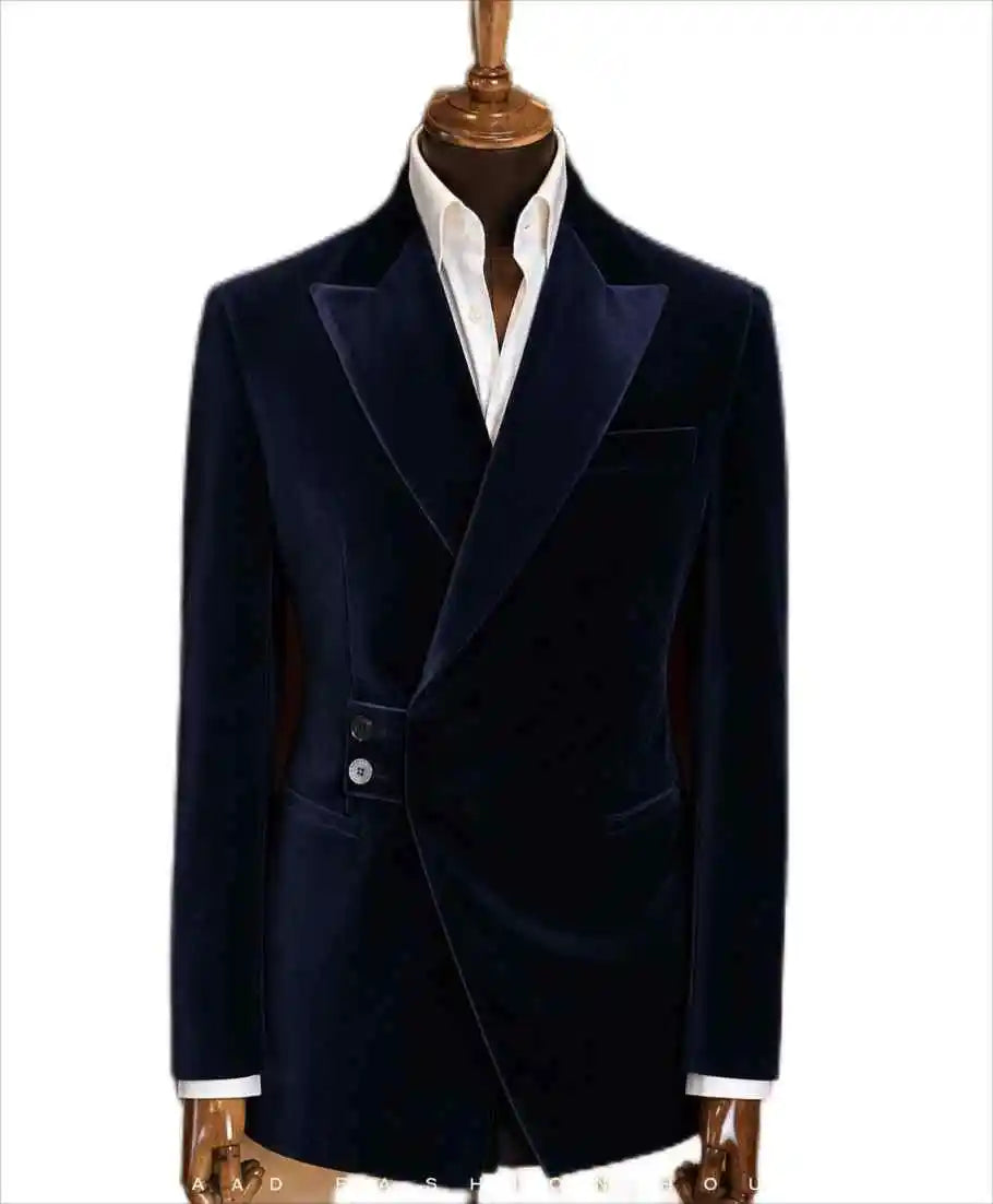 Blazer homme velours bleu marine asymétrique – CLEVI Paris
