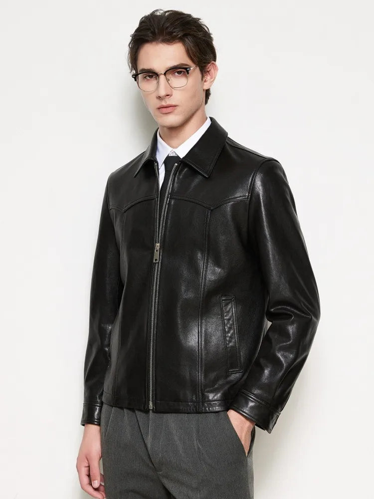 Veste homme en cuir de mouton noir zippée – CLEVI Paris