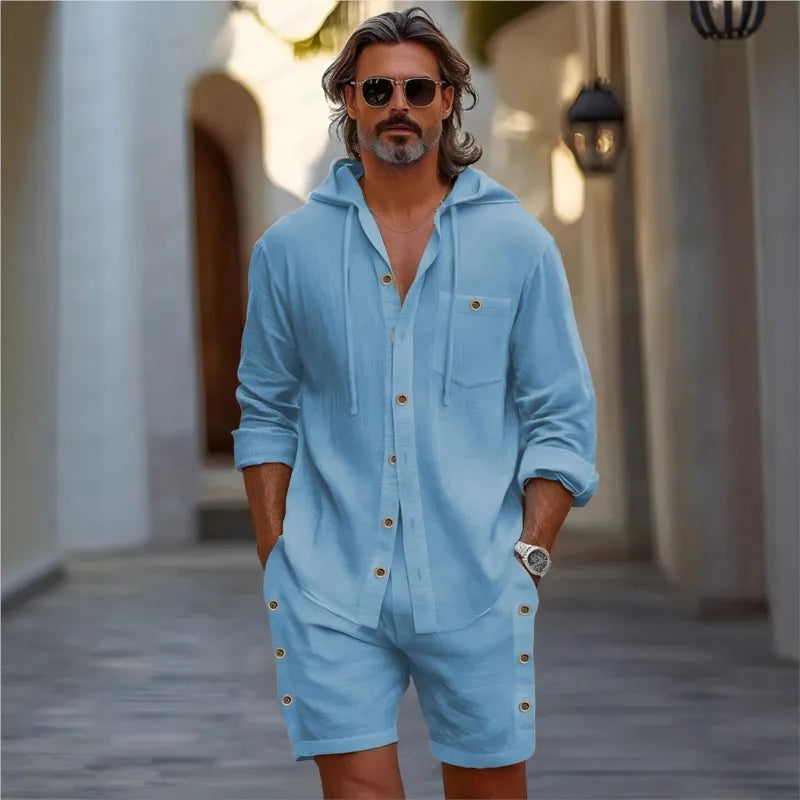 Ensemble 2 Pièces Homme Chemise Lin Manches Longues Boutonnée + Short Casual Été Style Hawaii – CLEVI Paris
