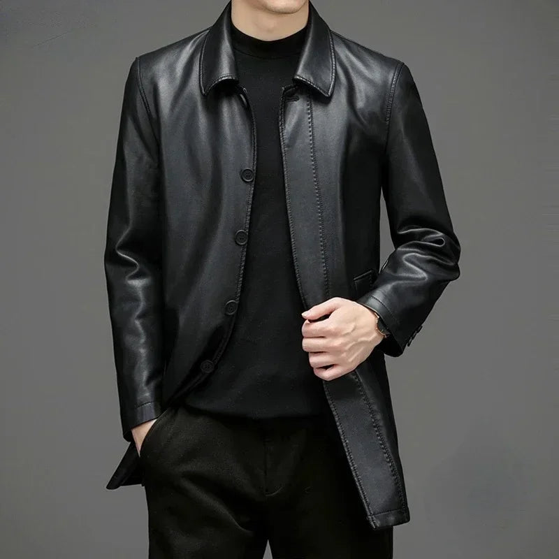 Veste longue homme en croûte de cuir noire – CLEVI Paris
