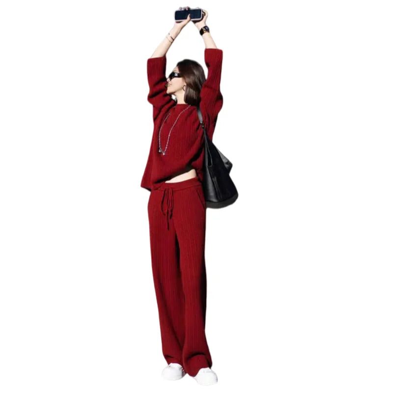 Ensemble femme rouge en laine et pantalon large – CLEVI Paris