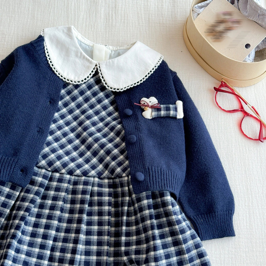 Ensemble fille bleu pull et robe à carreaux – CLEVI Paris