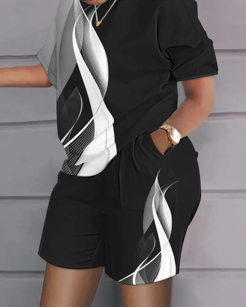 Ensemble 2 Pièces Femme T-Shirt Col Rond Imprimé Manches Courtes + Pantalon Crayon Taille Élastique Office Lady Casual 17 Coloris – CLEVI Paris