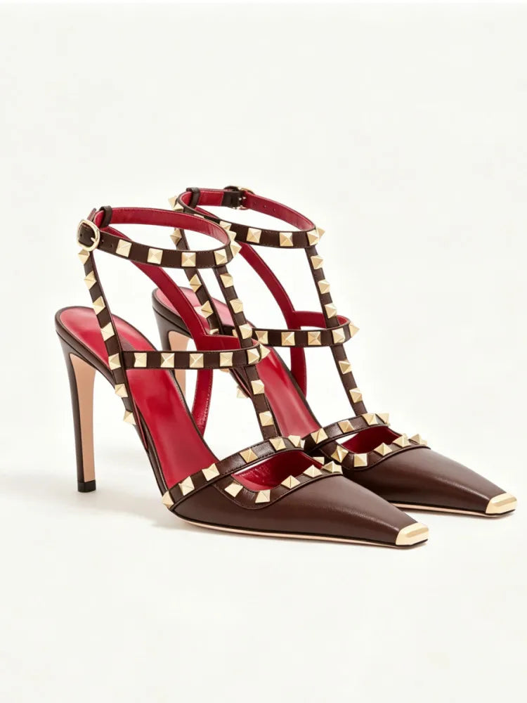 Sandales femme à talon fin et rivets – CLEVI Paris