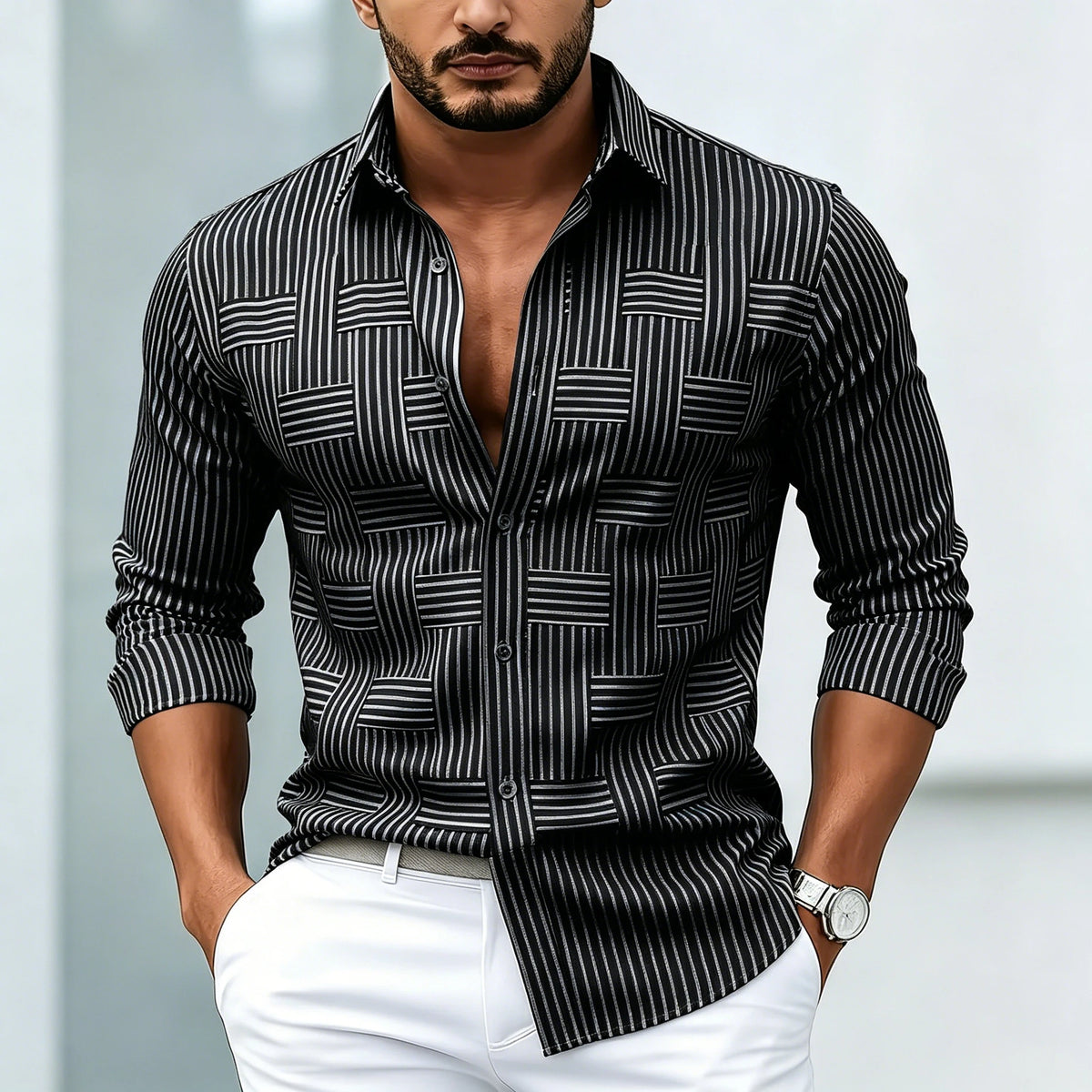 Chemise homme rayée à motifs géométriques – CLEVI Paris