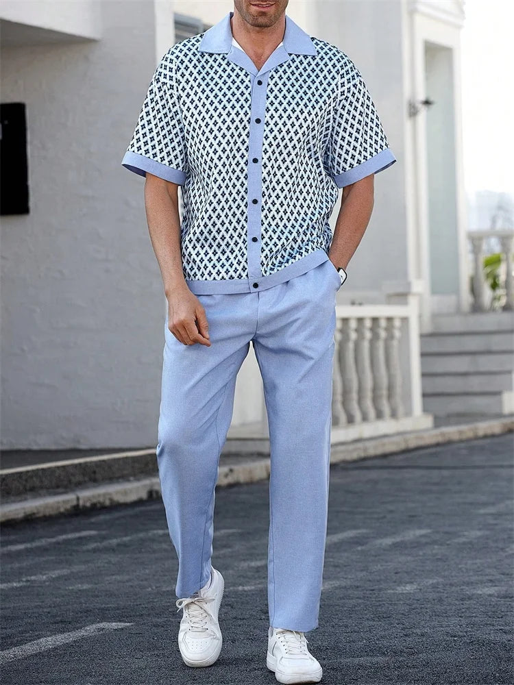 Ensemble 2 Pièces Homme Chemise Imprimée 3D Col Cranté + Pantalon Casual Voyage – 26 Motifs, S à 2XL – CLEVI Paris