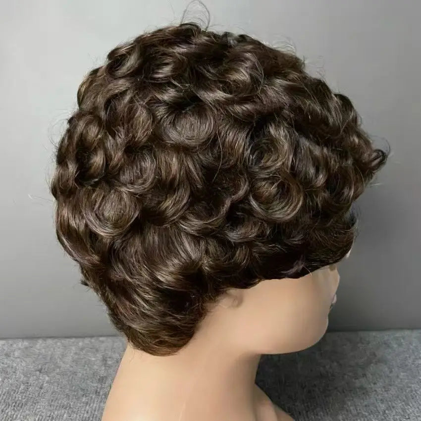Perruque Pixie Cut Curly Cheveux Humains Brésiliens Sans Lace Bonnet Rose 150% 6 Teintes – CLEVI Paris