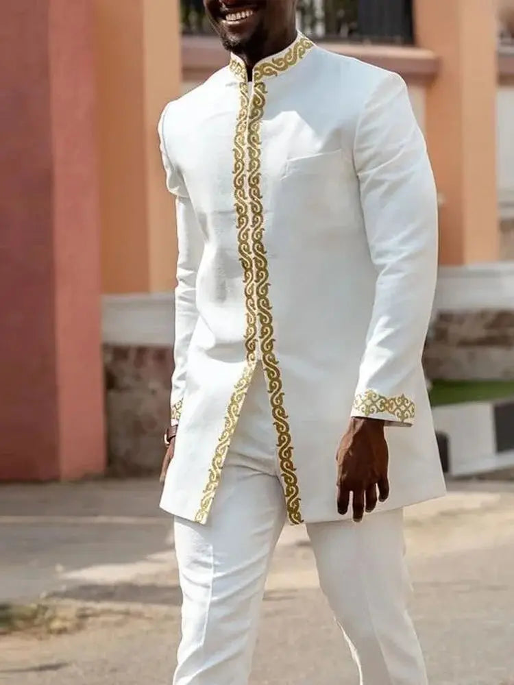 Ensemble Kaftan Homme 2 Pièces Broderie Manches Longues Col Rond + Pantalon Cordon Style Africain Mariage M-4XL – CLEVI Paris
