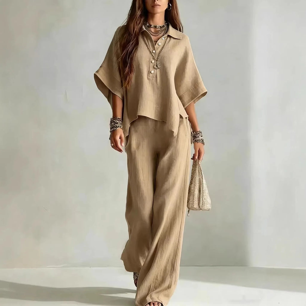 Ensemble femme haut col V et pantalon large – CLEVI Paris