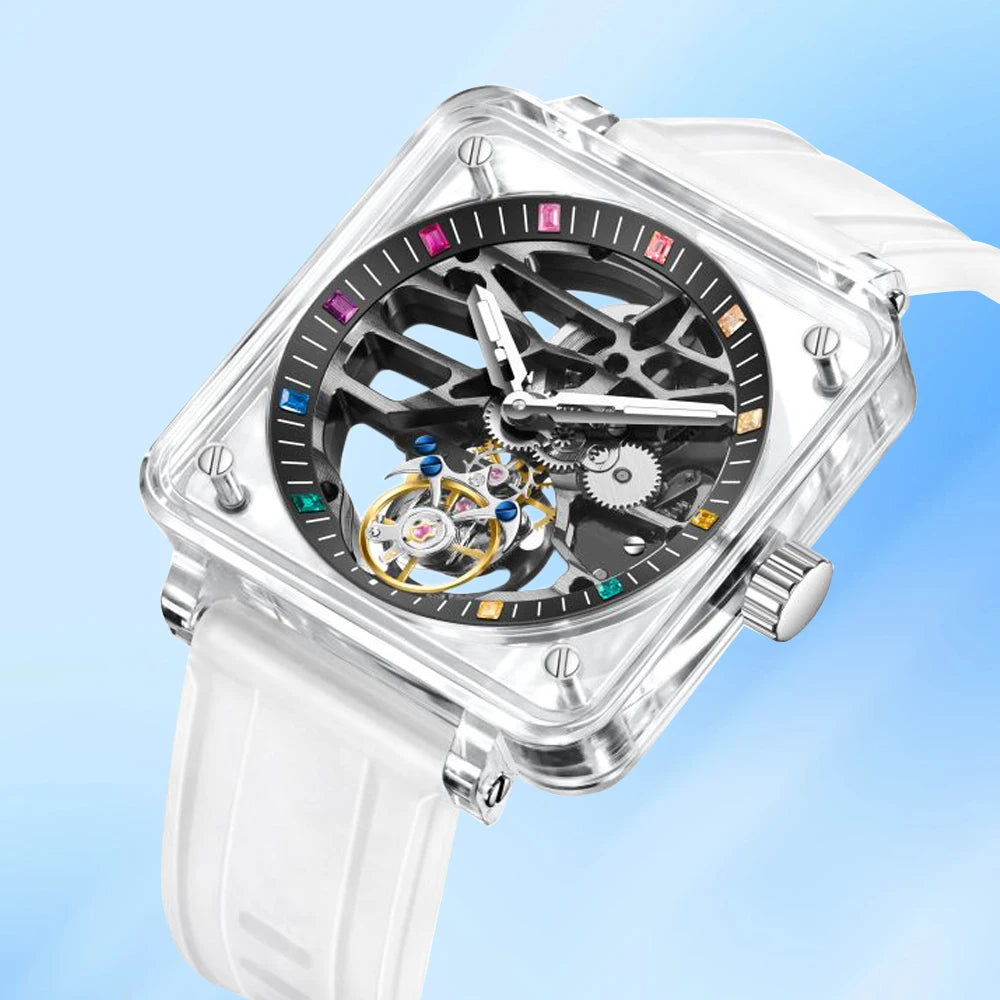 Montre Homme Tourbillon Transparent AESOP 7058G – Squelette Intégral Verre Saphir Étanche Bracelet Caoutchouc – CLEVI Paris