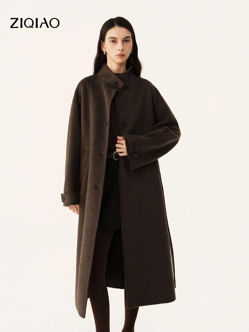 Manteau long en laine à col montant femme – CLEVI Paris