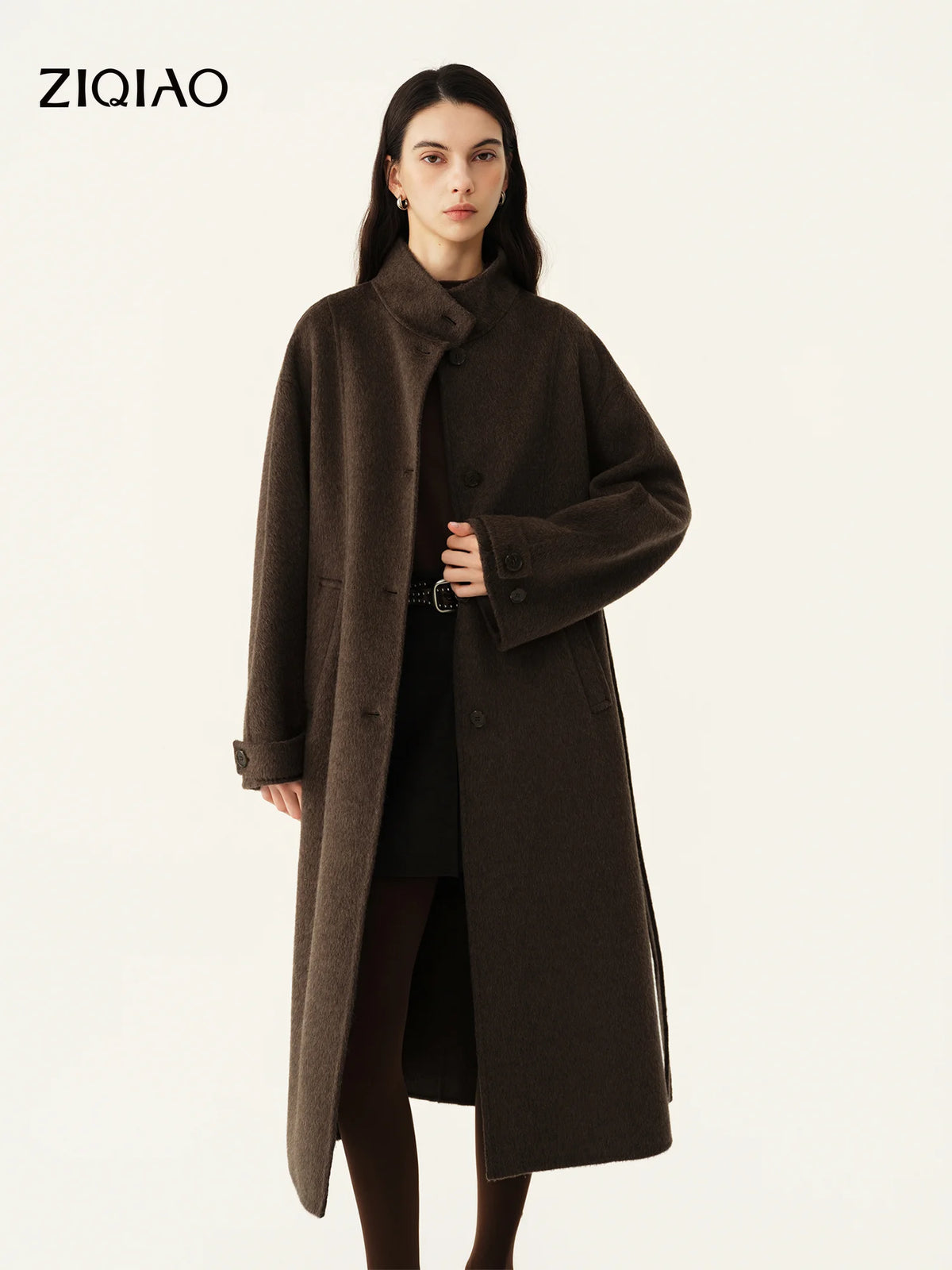 Manteau long en laine à col montant femme – CLEVI Paris