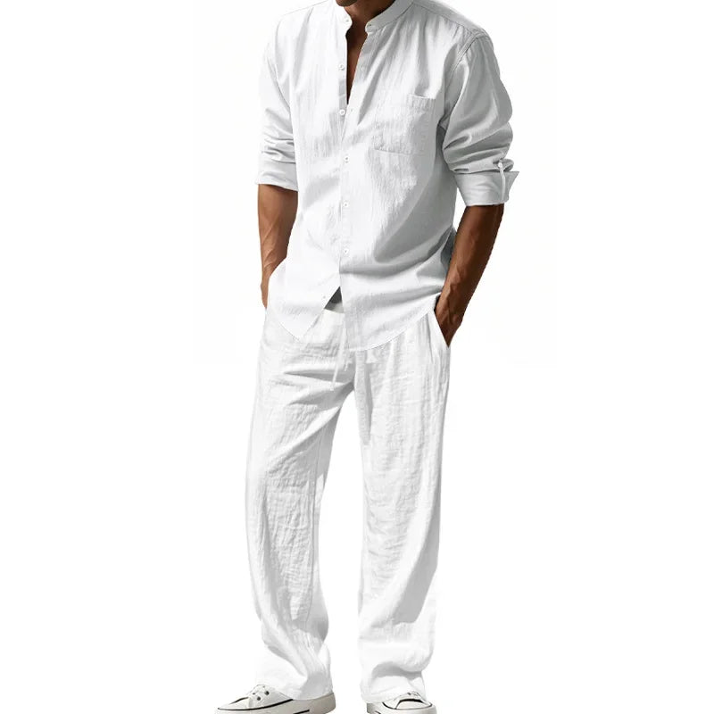 Ensemble 2 Pièces Homme Lin Chemise Manches Longues + Pantalon Style Casual Américain 4 Saisons – CLEVI Paris