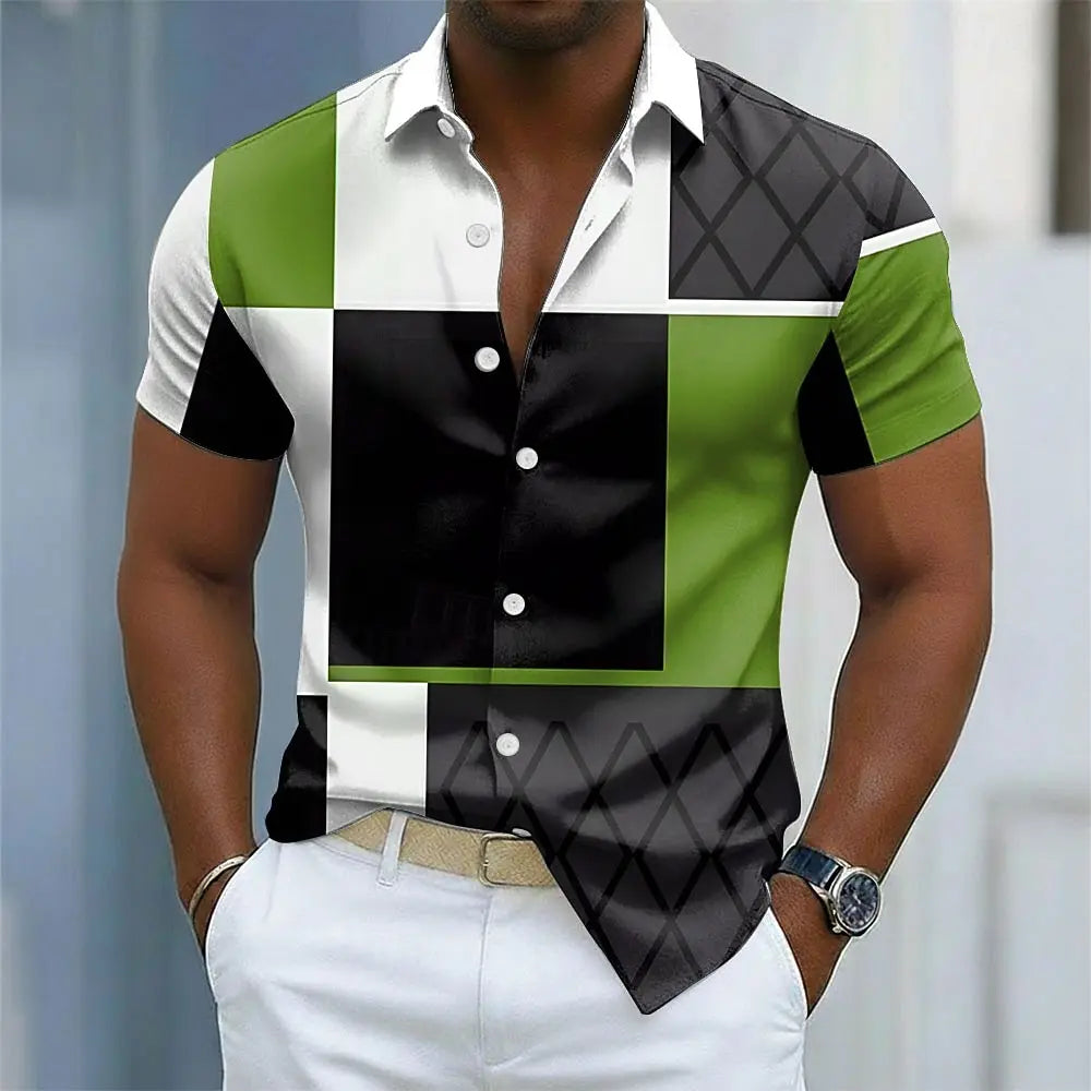 Chemise Homme Casual Manches Courtes Imprimé 3D Color Block Streetwear Été – CLEVI Paris