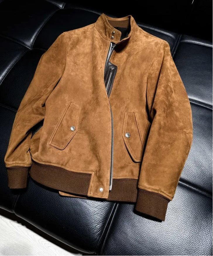 Veste homme en cuir marron clair à col montant – CLEVI Paris