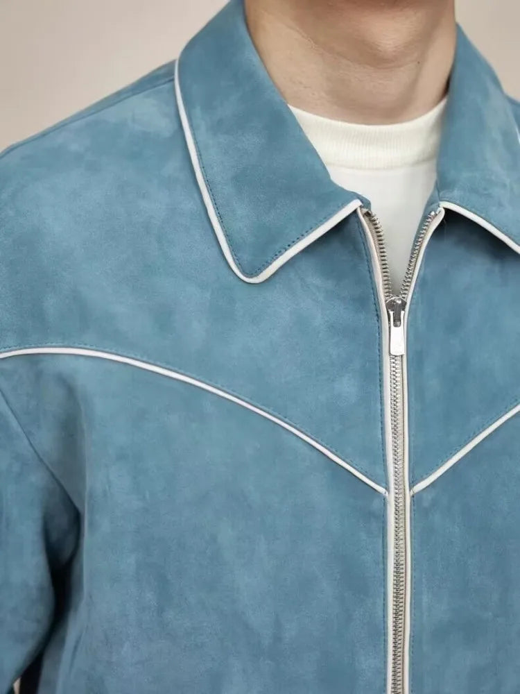 Blouson homme bleu aspect daim à liserés – CLEVI Paris