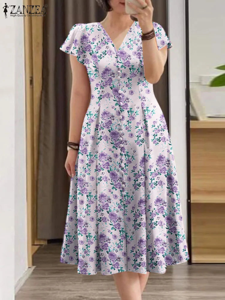 Robe Femme Col V Imprimé Floral All-Over Manches Courtes Volants A-line Bohème – CLEVI Paris