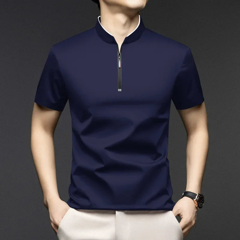 Polo Homme Casual Zip Col Montant Manches Courtes Uni Anti-Froissage S-4XL – CLEVI Paris