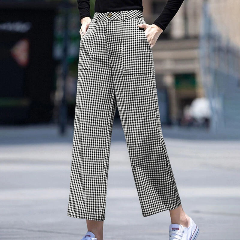 Pantalon Femme Taille Haute Jambe Large Uni Poches Style Casual Toutes Saisons – CLEVI Paris