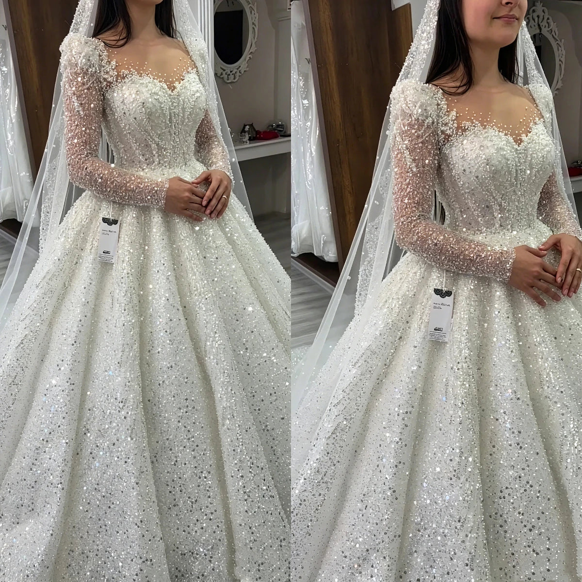 Robe de mariée dentelle perlée col V – CLEVI Paris