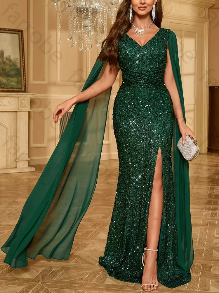 Robe de soirée longue col V en satin – CLEVI Paris