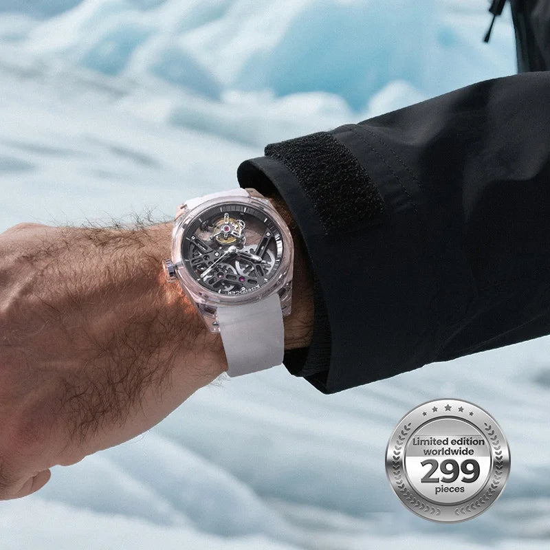 Montre Homme Flying Tourbillon Édition Limitée 299ex Boîtier Cristal Transparent Agelocer Ice Never Melts 2.0 – CLEVI Paris