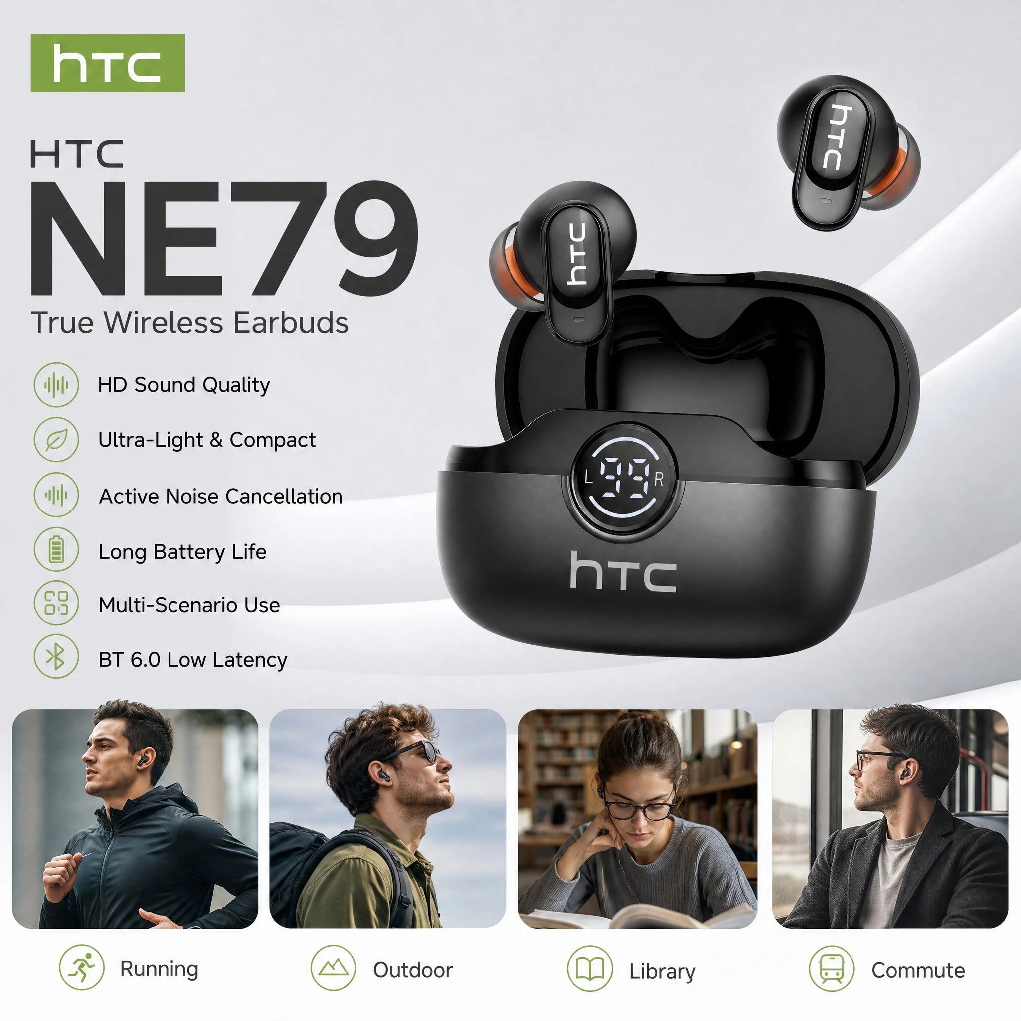 Écouteurs TWS HTC NE79 Semi-Intra 36H ENC Gaming – CLEVI Paris