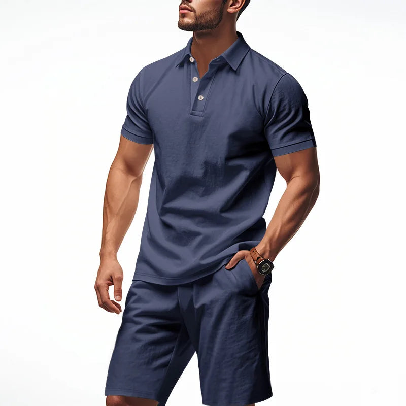 Ensemble 2 Pièces Homme Lin Chemise Polo Manches Courtes + Short Plage Casual Été – CLEVI Paris