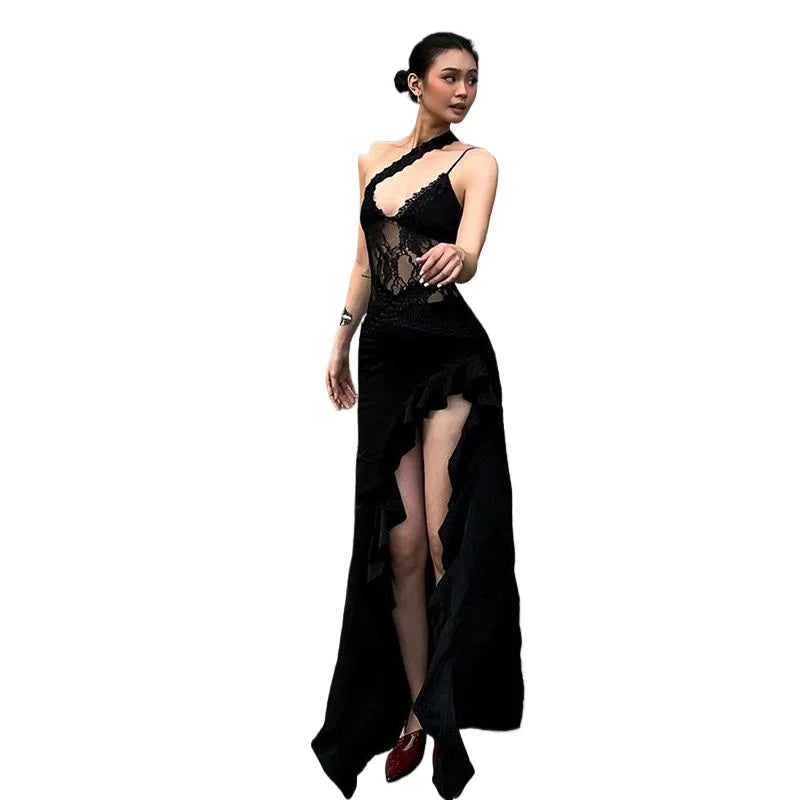 Robe midi asymétrique noire en dentelle – CLEVI Paris