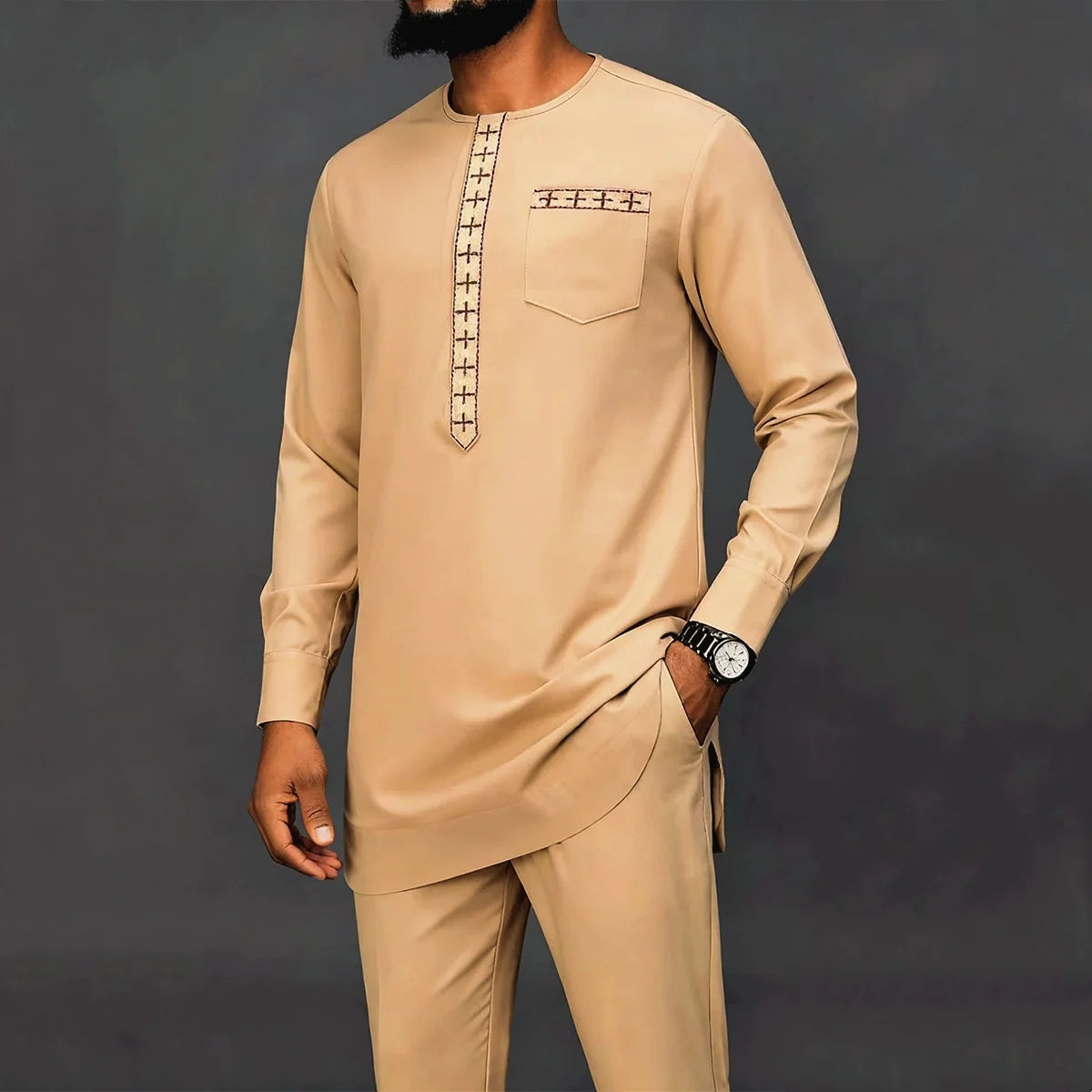 Kaftan Agbada Homme Style Africain 2 Pièces Veste Manches Longues + Pantalon Mariage Cérémonie S-XXL – CLEVI Paris