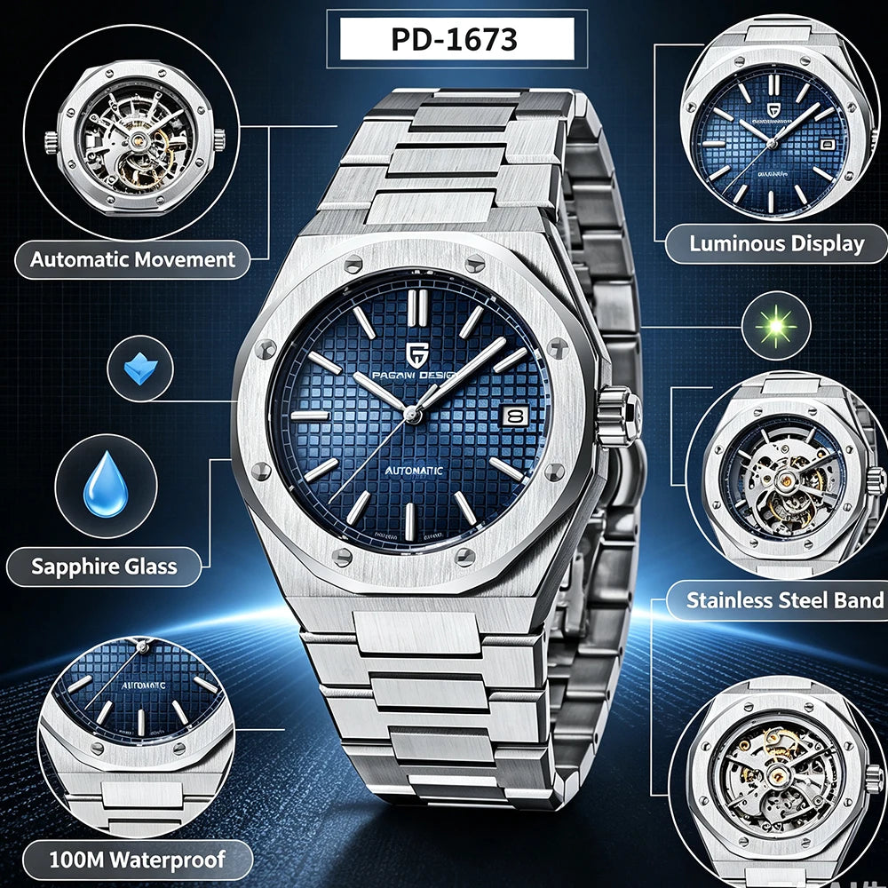 Montre Automatique Homme Pagani Design PD-1673 Seiko NH35 Saphir Lumineux Phase de Lune 10 Bar 7 Coloris – CLEVI Paris