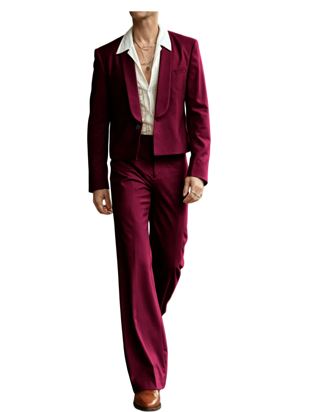 Costume 2 Pièces Homme Blazer Court Col Châle + Pantalon Évasé Taille Haute Style Vintage Slim Fit – CLEVI Paris