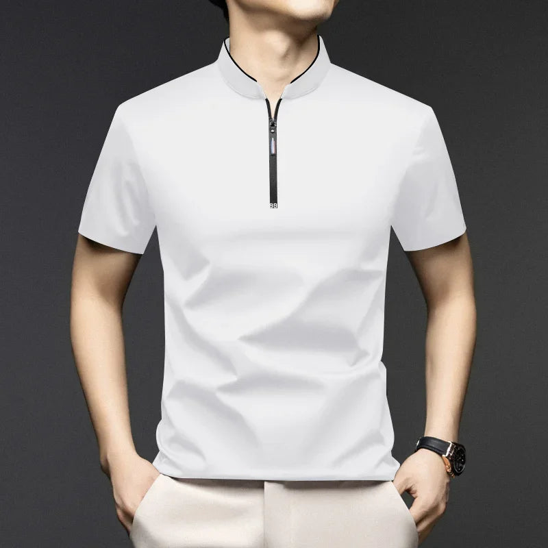 Polo Homme Casual Zip Col Montant Manches Courtes Uni Anti-Froissage S-4XL – CLEVI Paris